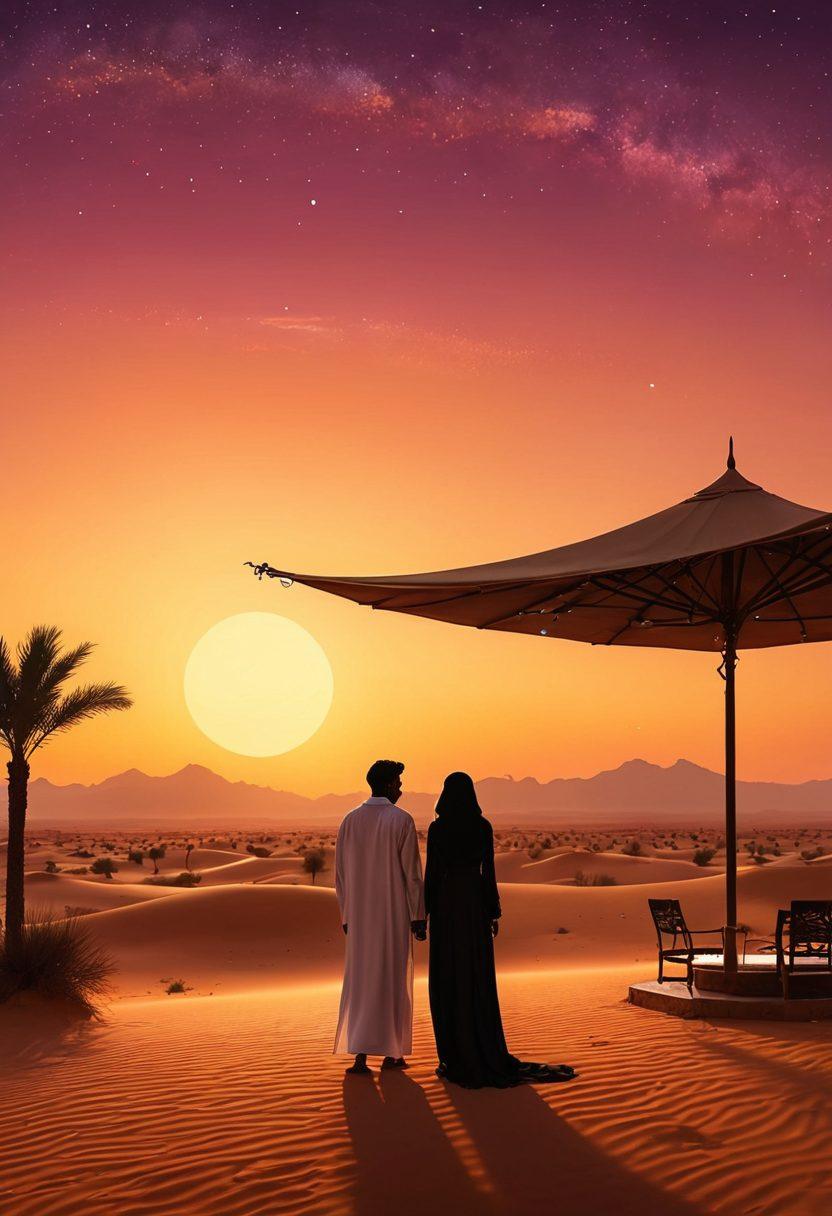 A romantic sunset over a tranquil desert landscape with traditional Saudi Arabian silhouettes, showcasing couples enjoying intimate moments under a canopy of twinkling stars. Elements of modern dating such as smartphones and trendy attire subtly integrated into the scene. Warm, passionate colors evoke a sense of love and connection. super-realistic. vibrant colors. dreamy atmosphere.
