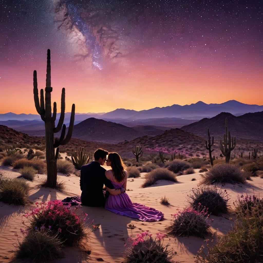 A romantic sunset in a vast desert, featuring silhouettes of couples sharing intimate moments among blooming cacti, and whispers of celebrity icons represented by starry constellations above. Warm hues of orange, pink, and purple illuminate the sand dunes, framing a dreamy atmosphere of love and intrigue. super-realistic. vibrant colors. soft lighting.