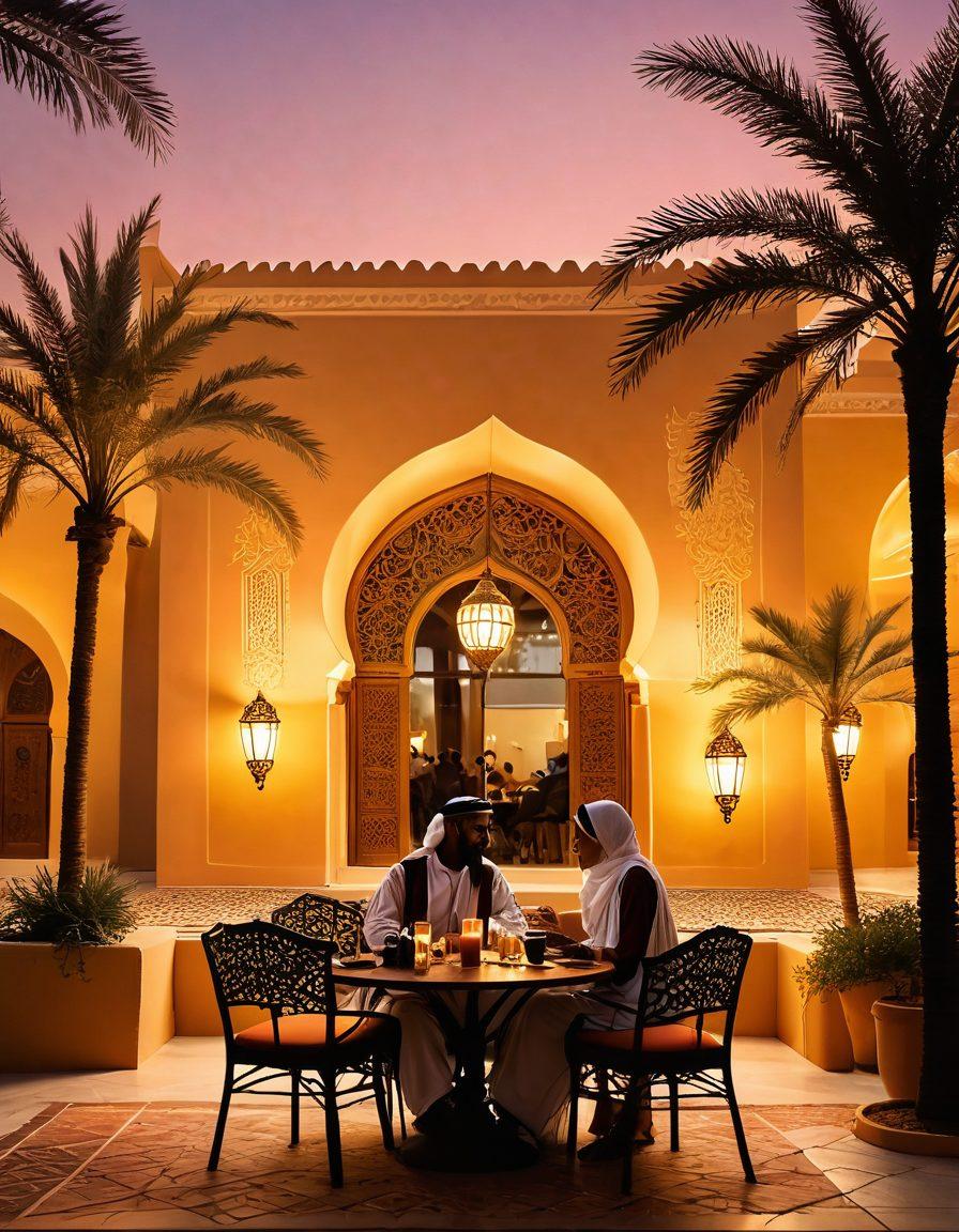 A romantic setting featuring a couple enjoying a sunset at a traditional Saudi Arabian café, adorned with intricate patterns and lanterns. The backdrop showcases the stunning architecture of Riyadh with palm trees swaying gently. Subtle hints of cultural elements representing Saudi social life, like dates and Arabic coffee on the table. The warm colors evoke a sense of intimacy and connection. super-realistic. vibrant colors. warm tones.